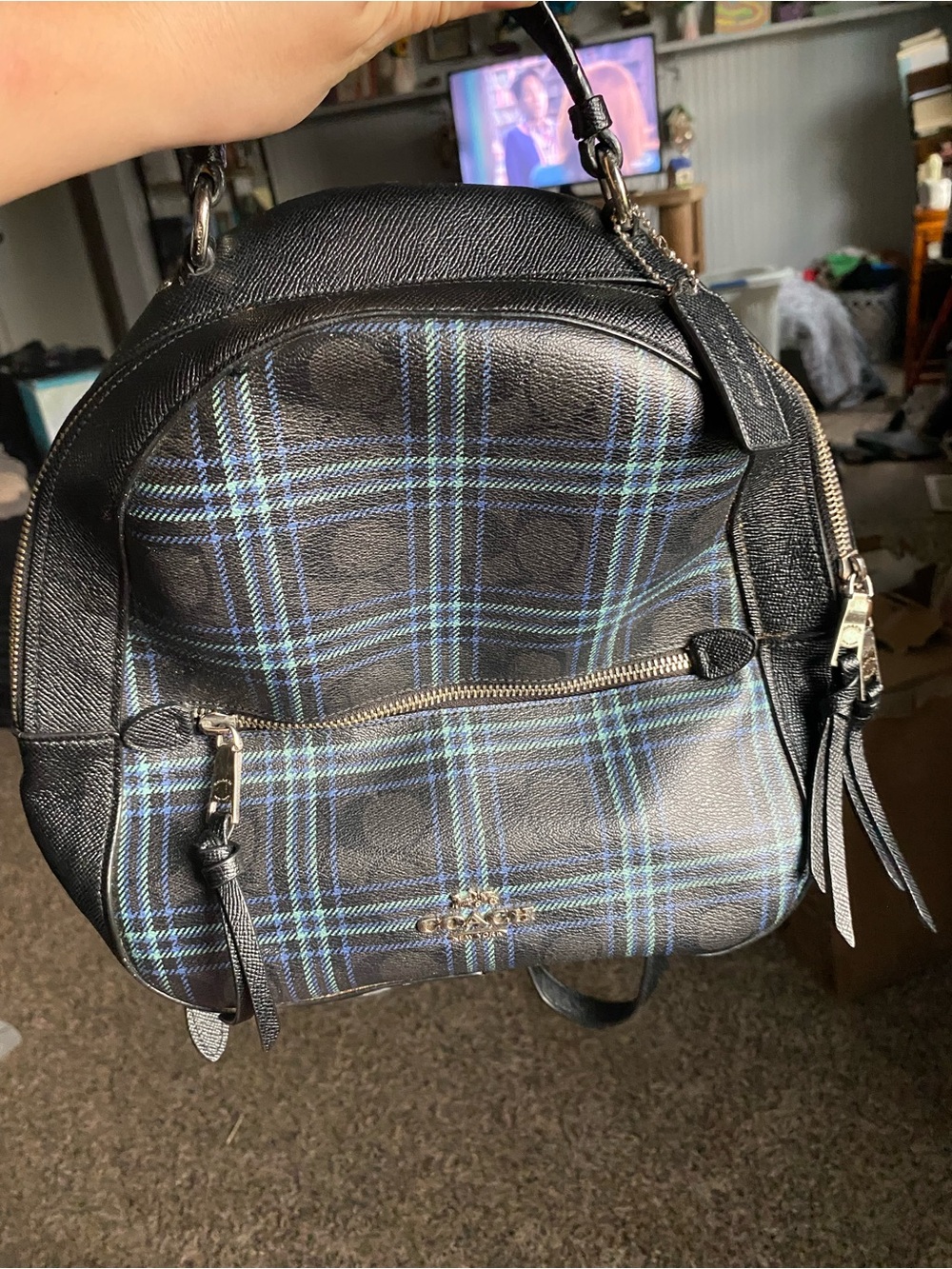 Coach Black Leather Mini Backpack with Blue Plaid